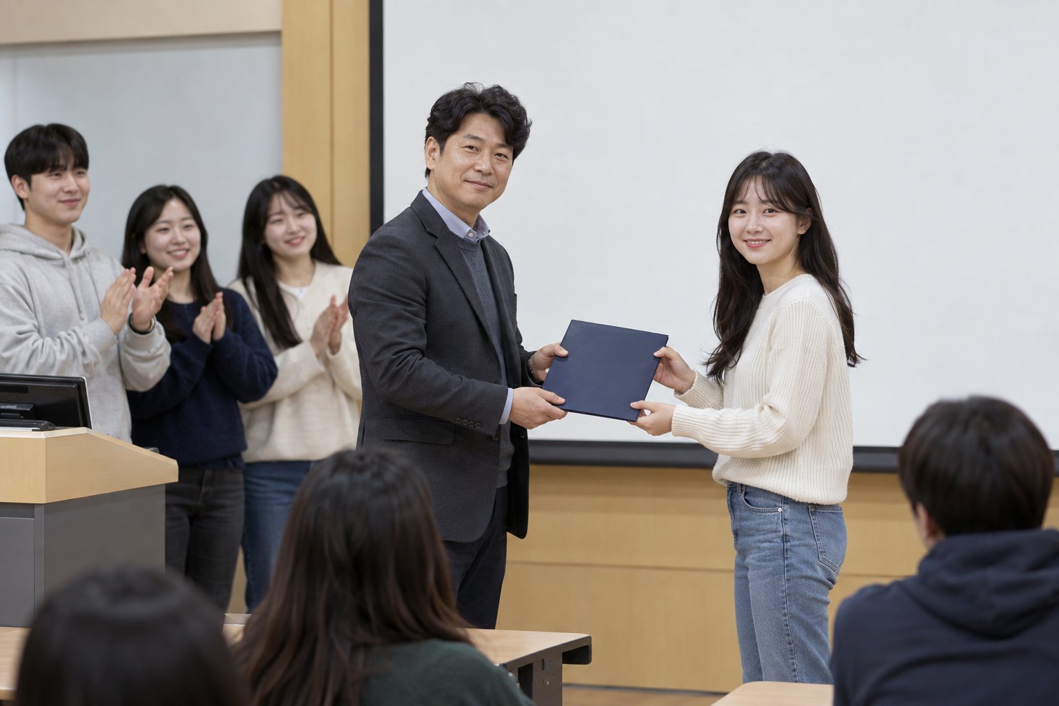 AI 제작 예시: 호주 인턴쉽 회화 교육 프로그램 수료증 수여 현장