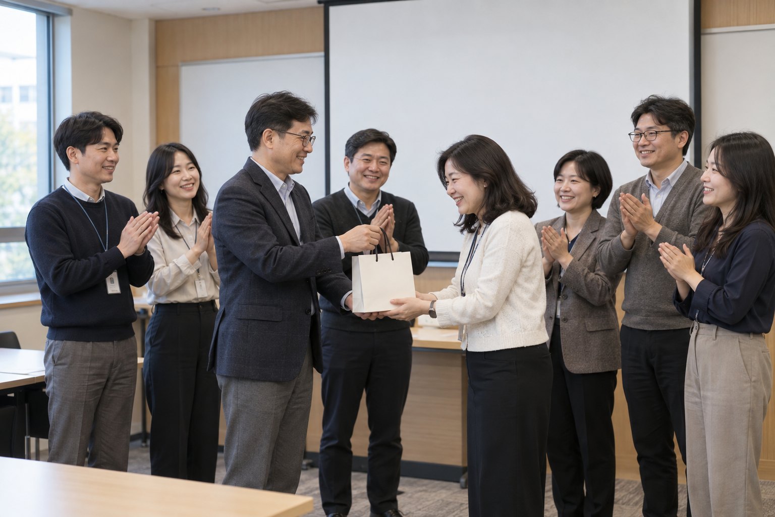 AI 제작 예시: 직원 국제화 역량강화 프로그램 참여자 기프트 전달 현장